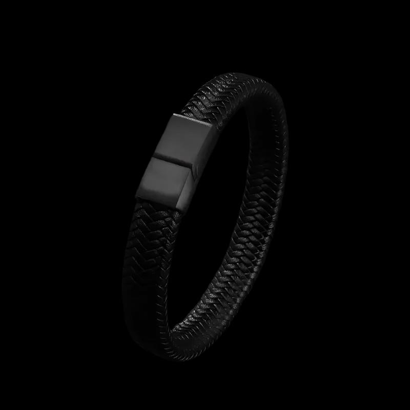 Classic Single Layer Black Woven Leather Bracelet with Metal Magnetic Buckle Men's