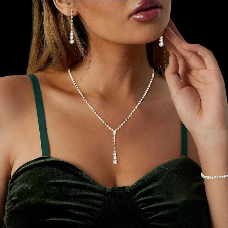 Silver Bridal Jewelry Sets Rhinestone Necklaces Bracelets  Earrings Wedding Party Jewelry Accessories Women