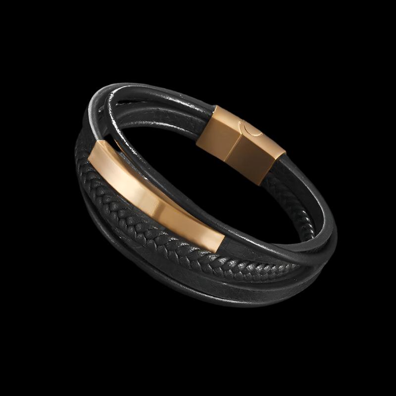 Classic Single Layer Black Woven Leather Bracelet with Metal Magnetic Buckle Men's