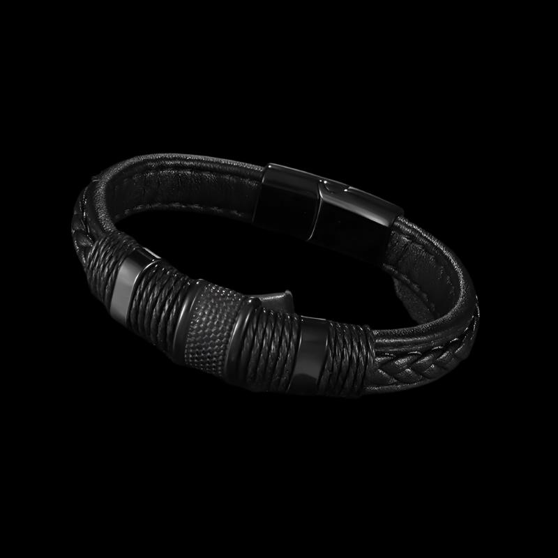 Classic Single Layer Black Woven Leather Bracelet with Metal Magnetic Buckle Men's