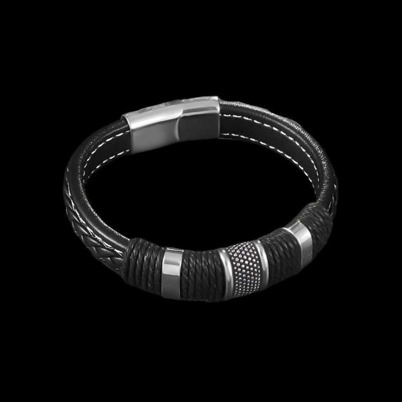 Classic Single Layer Black Woven Leather Bracelet with Metal Magnetic Buckle Men's