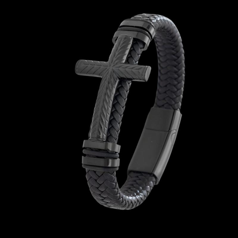 Classic Single Layer Black Woven Leather Bracelet with Metal Magnetic Buckle Men's