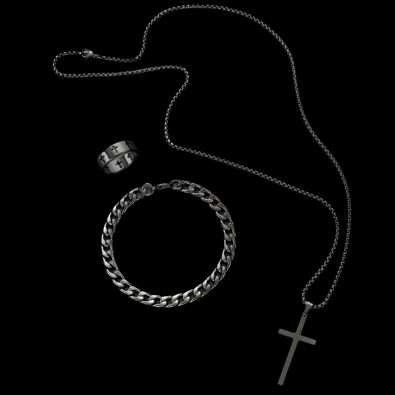 Black Titanium Steel Cross Pendant Necklace for Men Women Minimalist Male Female Chokers Box Chain Necklace Party Jewelry Set