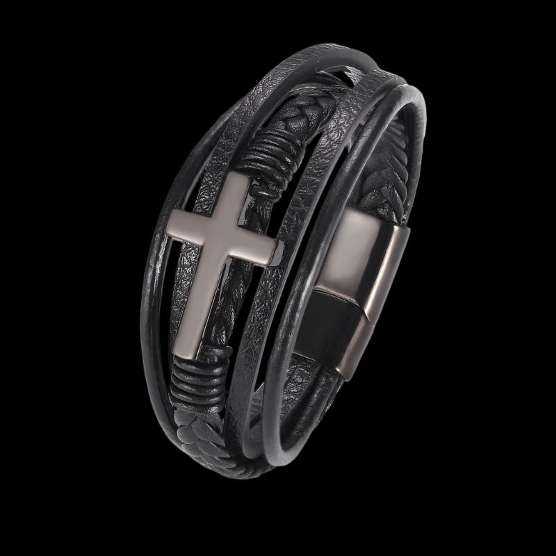 Classic Single Layer Black Woven Leather Bracelet with Metal Magnetic Buckle Men's