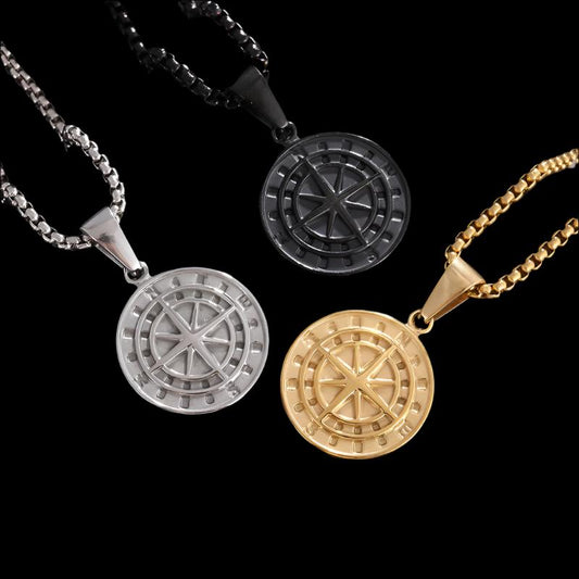 Vintage Compass Medal Pendant Stainless Steel Necklace Mens High Quality