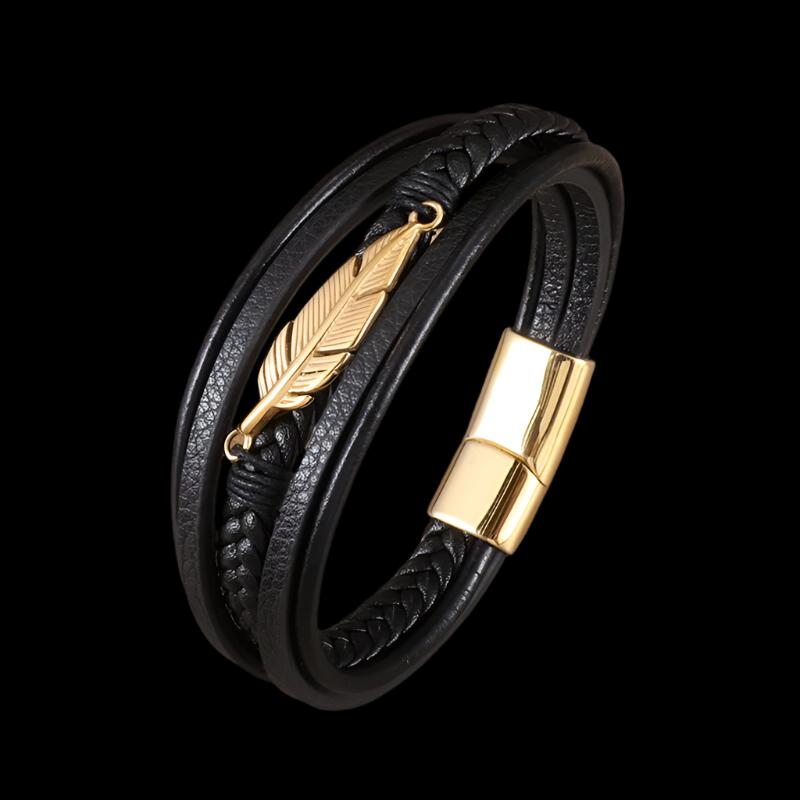 Classic Single Layer Black Woven Leather Bracelet with Metal Magnetic Buckle Men's