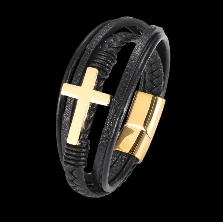 Classic Single Layer Black Woven Leather Bracelet with Metal Magnetic Buckle Men's