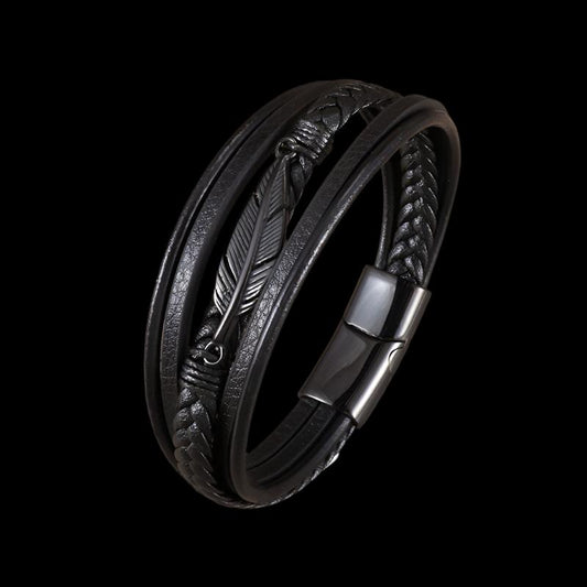 Classic Single Layer Black Woven Leather Bracelet with Metal Magnetic Buckle Men's