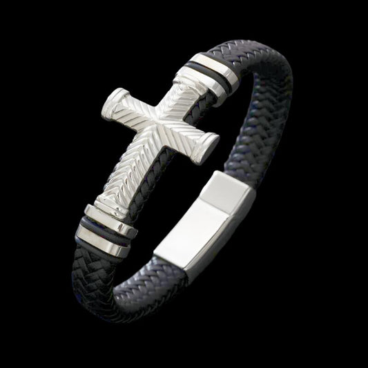 Classic Single Layer Black Woven Leather Bracelet with Metal Magnetic Buckle Men's