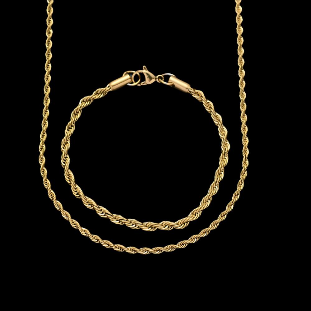 Stainless Steel Golden Twist Chain Necklace & Bracelet Fashion Jewelry Set For Men and Women