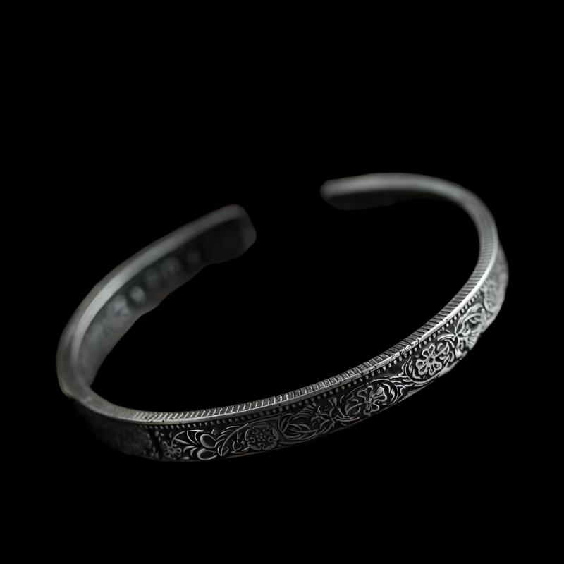 Silver-Plated Lucky Sixpence Pattern Letter Bracelet Men's Cuff Bangles Women's Trendy Charm Jewelry