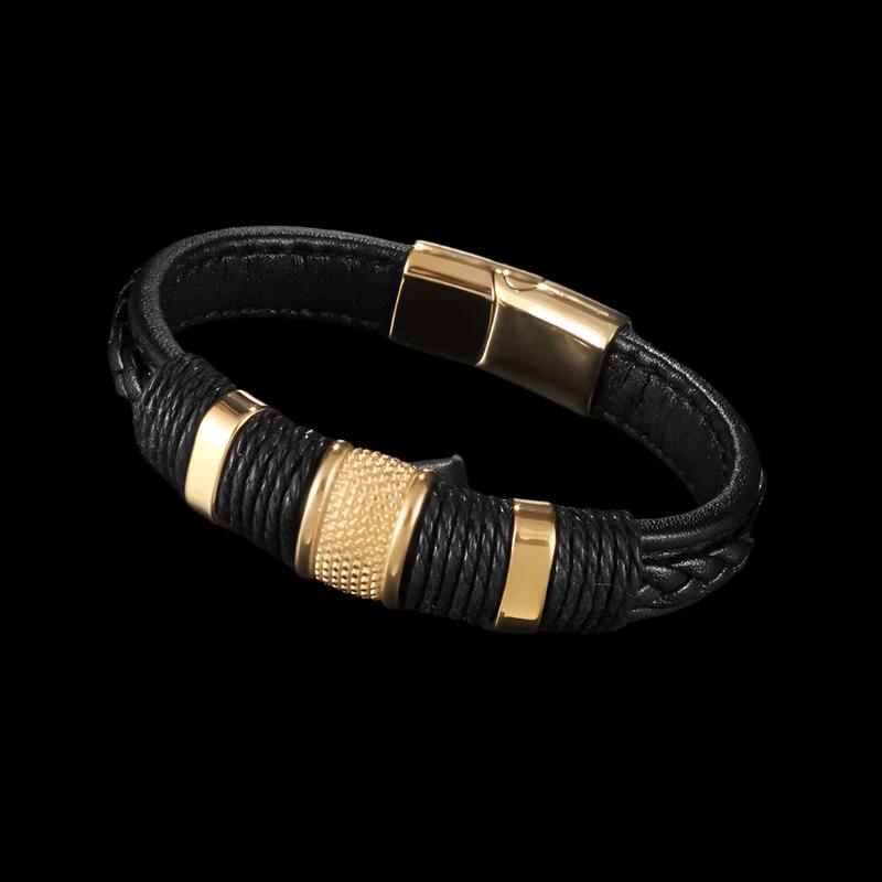 Classic Single Layer Black Woven Leather Bracelet with Metal Magnetic Buckle Men's