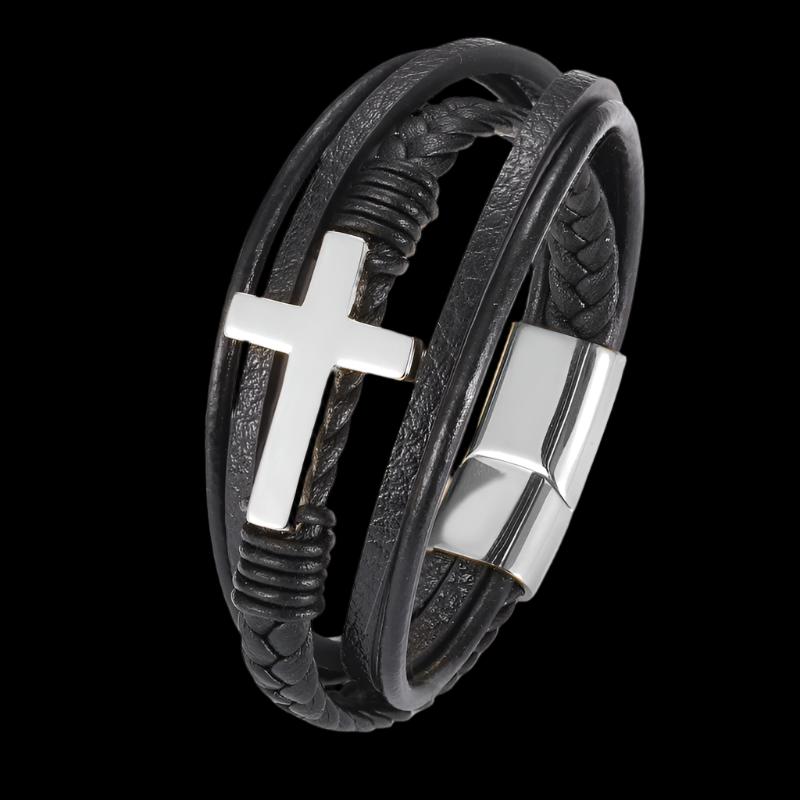 Classic Single Layer Black Woven Leather Bracelet with Metal Magnetic Buckle Men's