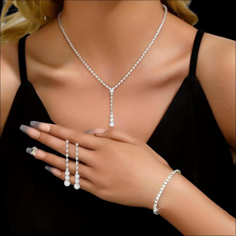 Silver Bridal Jewelry Sets Rhinestone Necklaces Bracelets  Earrings Wedding Party Jewelry Accessories Women