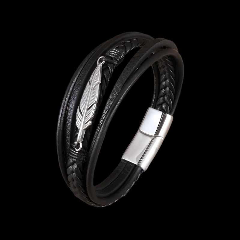 Classic Single Layer Black Woven Leather Bracelet with Metal Magnetic Buckle Men's